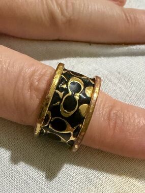 Coach Black Enamel and Gold Accent Wide Band Ring